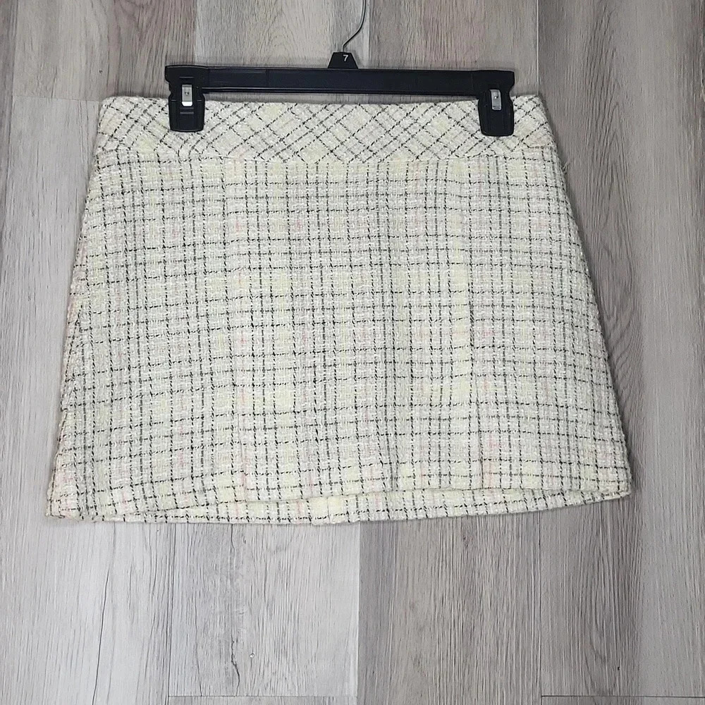 Mandee‎ Knit Skirt Mini Plaid White Yellow Pink Zippered Pleated Juniors 3